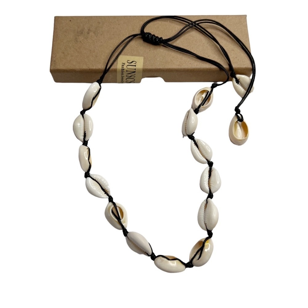 New Cowrie Shell Beaded Necklace On Black Fabric Cord